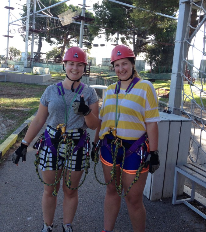 My flatmate Steph and I harnessed up and smiling through the fear.
